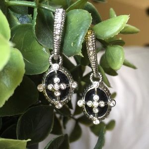 Silver tone and black earrings with white crystals